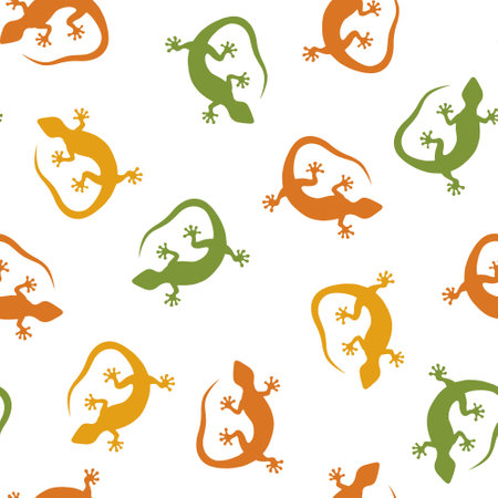 Different colors Tokay gekko seamless pattern. Repeating pattern of hand drawn gekko lizards. Green, yellow and orange elements backgroundのイラスト素材