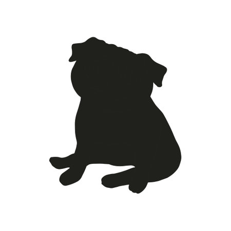 Funny sitting pug silhouette isolated on white background. Black hand drawn vector art of a dog. Simple vector illustration of a petのイラスト素材