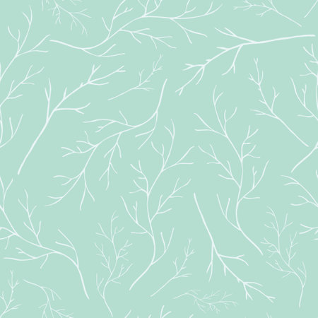 White hand drawn branches on pale blue background repeating pattern. Minimalistic botanical seamless patternのイラスト素材