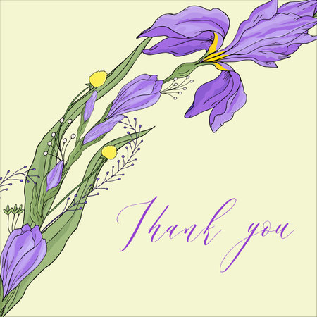 Greeting card of hand drawn purple iris on pale yellow background. Natural design of floral elements in vector artのイラスト素材