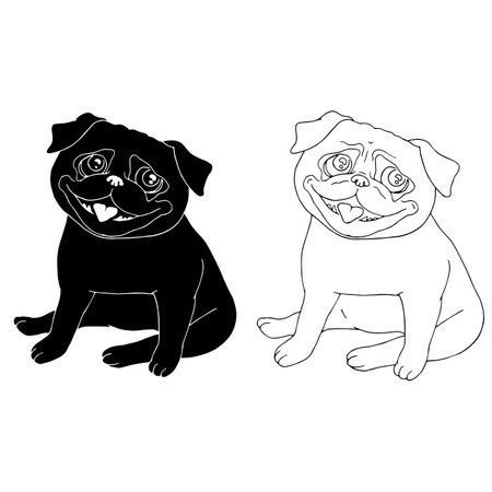 Funny sitting pugs in black and white colors isolated on white background. Hand drawn sketch of a dog. Simple vector illustration of a petのイラスト素材