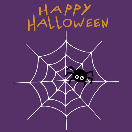 Black spider with web on purple background. Happy Halloween. Hand drawn Halloween attributes. Vector illustrationのイラスト素材