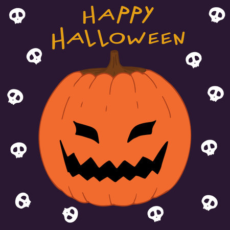 Creepy pumpkin with skulls on dark background. Happy Halloween. Hand drawn art. Hand drawn font. Vector illustration. Greeting card. Halloween design.のイラスト素材