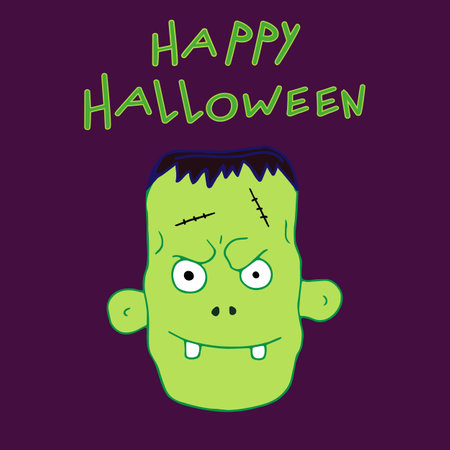 Frankenstein face isolated on purple background. Happy Halloween. Hand drawn vector illustrationのイラスト素材