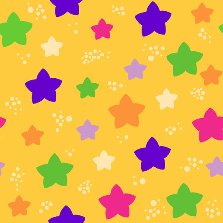 Stars seamless pattern in clown colors. Yellow background. Vector art. For kids and gift packageのイラスト素材