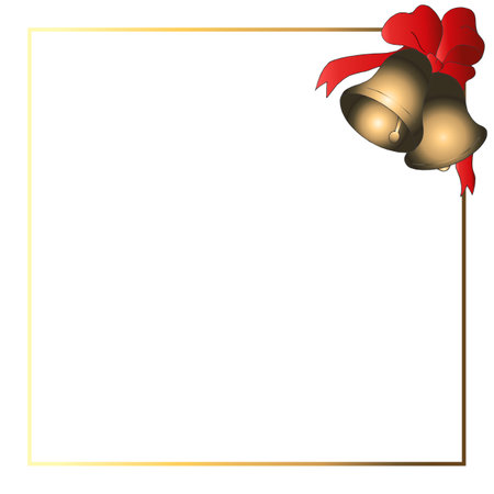 Festive gold frame with bells and red ribbon for greeting and invitation card. christmas theme. vector artのイラスト素材