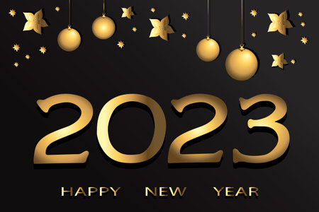 Happy New Year 2023. Gold hand drawn numbers on black background decorated with stars and balls. vector artのイラスト素材