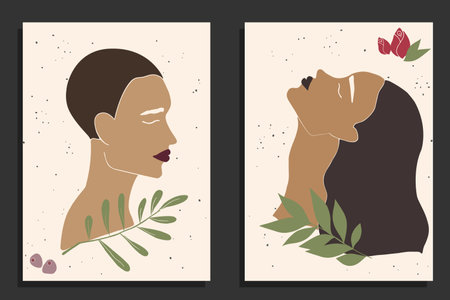 Female silhouettes on beige background with flowers and leaves. Abstract women faces. femininity. contemporary artのイラスト素材