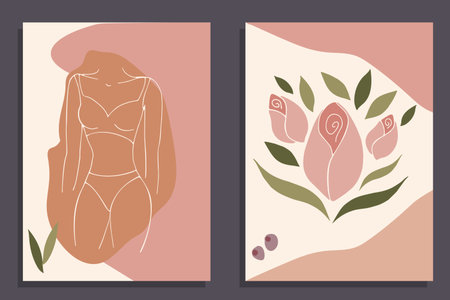 Abstract woman body and flowers. concept art. pastel colors. hand drawn vector illustration.のイラスト素材