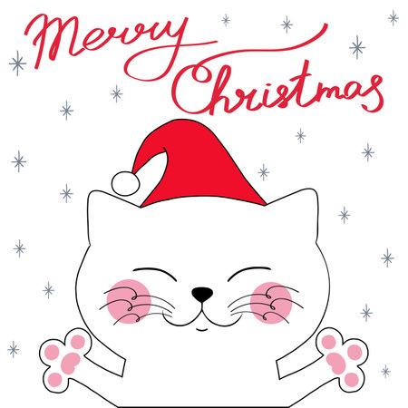 Cute white smiling cat in holiday hat with hand drawn phrase Merry Christmas and snowflakes. isolated on whiteのイラスト素材