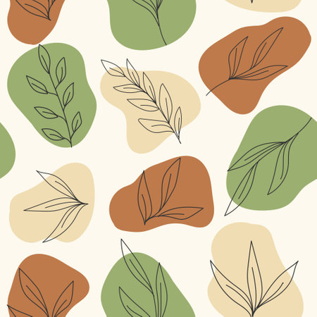 Boho style seamless pattern with botanical elements in abstract beige brown and green shapes. Simple and elegant designのイラスト素材