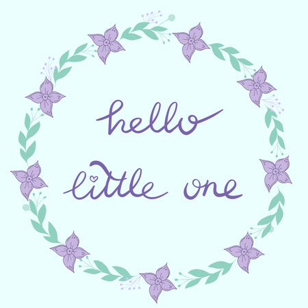 Hello little one greeting card. Lettering and floral wreath. For celebration of a childbirth, birthday, pregnancy and baby showerのイラスト素材