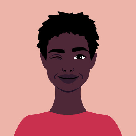 Portrait of a beautiful African woman smiling and winking. Full face portrait in flat style. Avatar. female. Diversityのイラスト素材