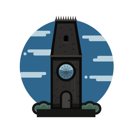 Gothic tower flat icon. Dark building with a big window with spider web pattern on circle sky background. Muted colors. Gothic architecture.のイラスト素材