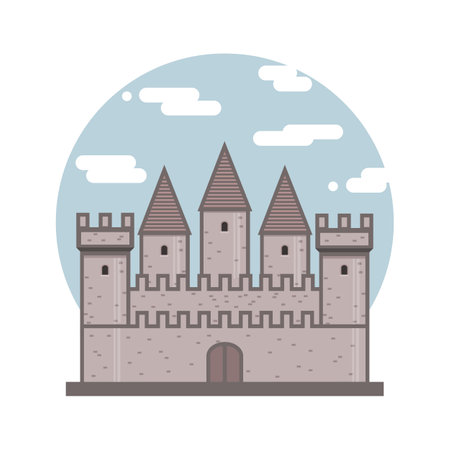 Medieval ancient castle flat icon. Fortress on sky circle background. Medieval architecture. Vector illustration of knight castle with walls and towers isolated on white backgroundのイラスト素材