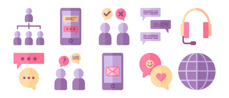 Communication icons collection in flat style. Simple flat design of communication, chatting and conversation in light purple, yellow and orange colors. Abstract persons, devices and speech and message symbolsのイラスト素材