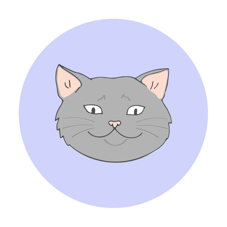 Cute British cat face on blue round background. Hand drawn cat head isolated. Simple pet sketch for print, design and logoのイラスト素材