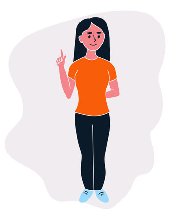 Cartoon girl with a pointing finger. Female pointing or attracting viewers attention. Bright hand drawn girl with raised index fingerのイラスト素材
