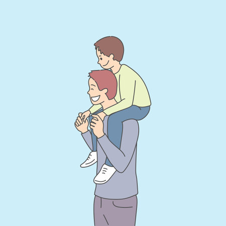 Son is sitting on his father's shoulders. dad and son together. Father's Day theme. vector artのイラスト素材