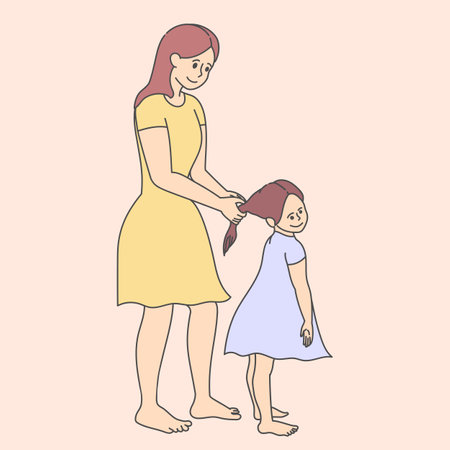 Mother is braiding daughter's hair. Mom and daughter together. Mother's Day theme. vector artのイラスト素材