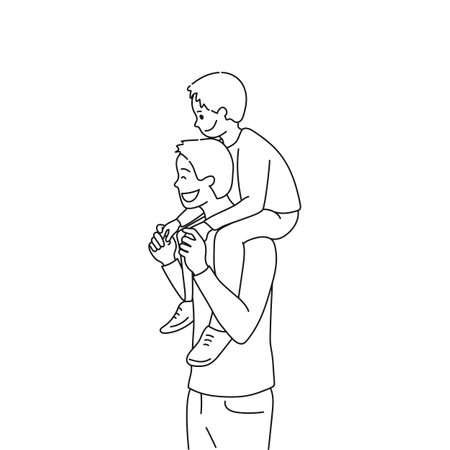Son is sitting on his father's shoulders. dad and son together. Father's Day theme. vector artのイラスト素材
