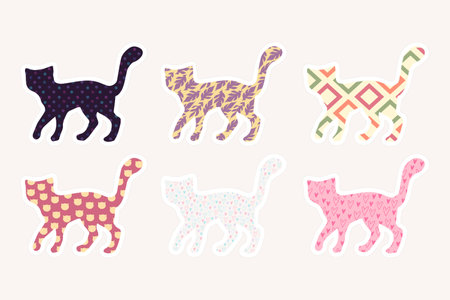 Sticker pack of outline cats with different patterns. Simple cat silhouette. pattern collection.のイラスト素材