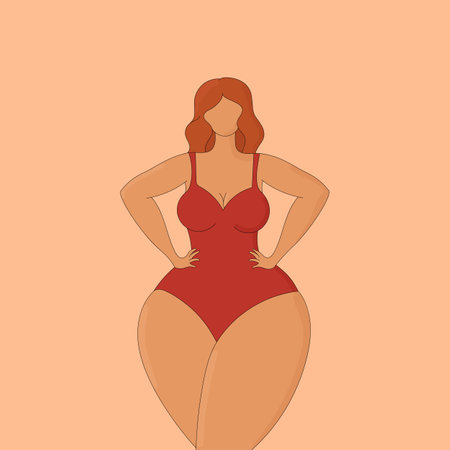 Abstract faceless curvy female in a red swimsuit. Body positive and female beauty. hand drawn vector artのイラスト素材