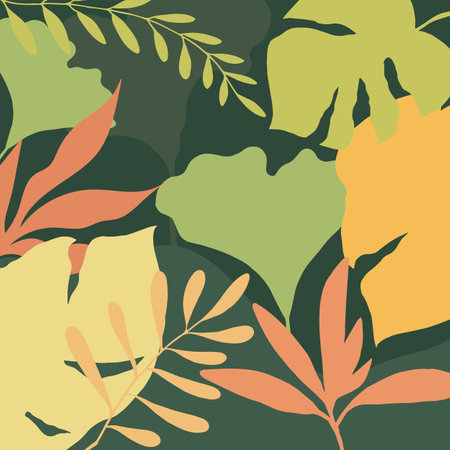 tropical forest background. Various hand drawn outline plants in green, yellow and orange colors. nature theme. vector artのイラスト素材