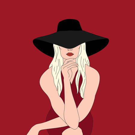 Beautiful blonde woman in a hat covering her eyes. Girl posing in a big black hat on a burgundy background. hand drawn vector artのイラスト素材