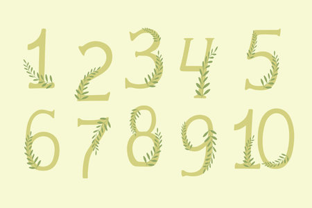 Numbers from Zero to Ten with plant branches. hand drawn vector art. botanical colorsのイラスト素材