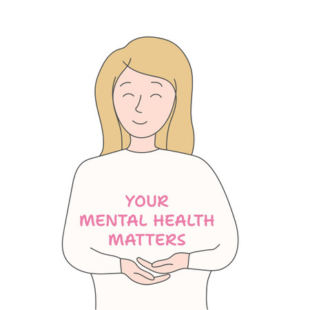 Smiling girl is holding a motivation phrase Your mental health matters. Illustration of the need to take care of yourself and your mind. Our minds matter. isolated on whiteのイラスト素材