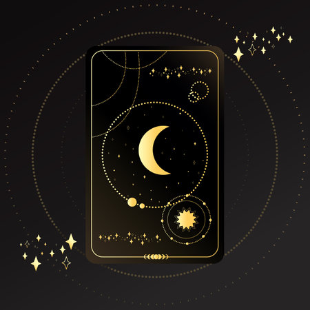 Gold Tarot card with a crescent on a black background with stars. Tarot symbolism. Mystery, astrology, esotericのイラスト素材