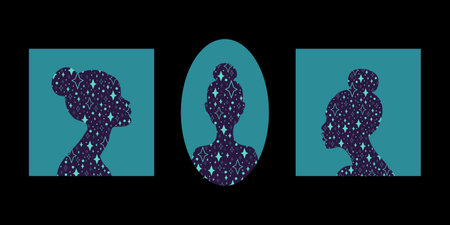Abstract women silhouettes set with star pattern on a black background. faceless woman portraitのイラスト素材