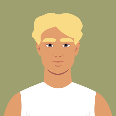 Young man with curly blonde hair in a white shirt. Portrait of an abstract guy. Full face abstract male avatar in flat styleのイラスト素材