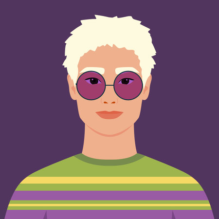 Young blonde man in a bright sweater and in purple sun glasses. Full face abstract male avatar in flat styleのイラスト素材