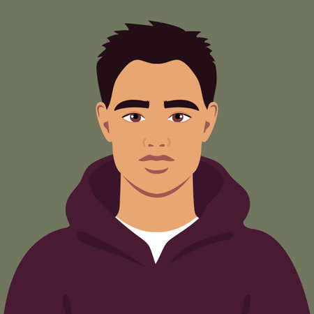 Young man with short black hair in a purple hoodie. Portrait of an abstract guy. Full face abstract...