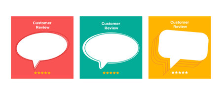 Customer review speech bubble quote template set. Speech bubbles with a blank space and five-stars rating. Feedback and communication concept. vector illustrationのイラスト素材
