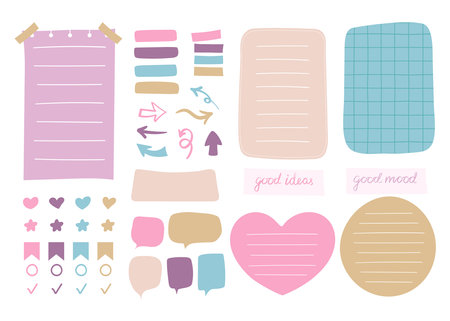 Collection of various colorful paper notes. Blank cartoon banners and sticky notes for to-do-list, memo message notepads paper sheets and planner. Stickers, bookmarks and assorted elements for marking and decoration. vector illustrationのイラスト素材