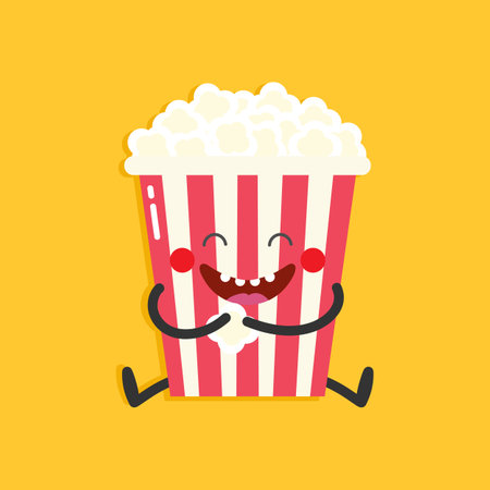 Cute popcorn character on yellow background. Cartoon smiling popcorn in flat style. vector illustrationのイラスト素材