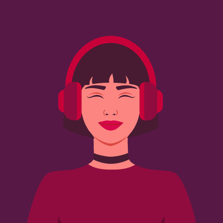 Young woman listening to music in headphones. Smiling Girl in headphones. music therapy. Avatar....