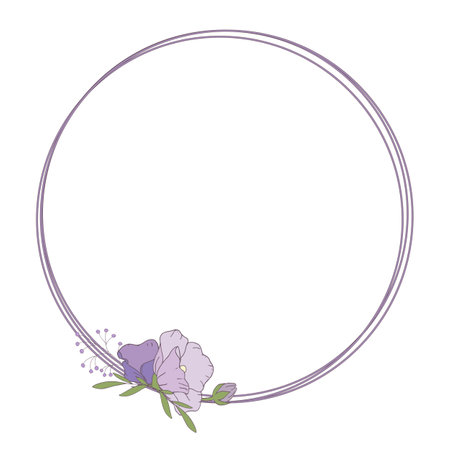 Round frame with purple flowers. Botanical template with flowers. vector illustrationのイラスト素材