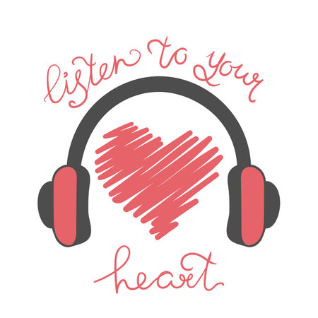 Heart in headphones with lettering Listen to your heart. vector illustrationのイラスト素材