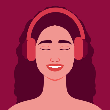 Beautiful smiling woman listening to music in headphones. happy girl in headphones. Avatar. vector illustrationのイラスト素材