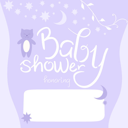 baby shower invitation card. Honoring mommy to be. Cute cat with stars and crescentのイラスト素材