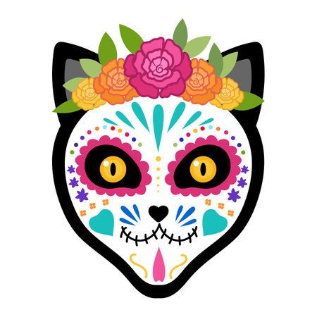 Cat face with a colorful makeup of sugar skull and floral wreath. Day of the Dead celebration. Dia de los Muertos. Vector illustrationのイラスト素材