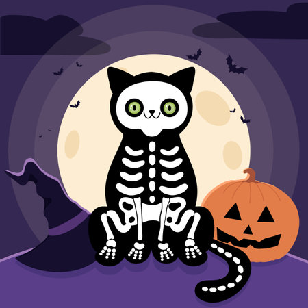 Skeleton cat with a witch hat and pumpkin in the moonlight. Halloween art. Vector illustrationのイラスト素材