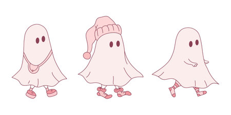 Three little ghosts in different clothes. Hand drawn cute ghosts isolated on white background. Halloween vector illustrationのイラスト素材