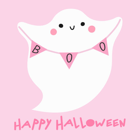 Halloween greeting card with a cute Ghost in with a garland Boo on pink background. Cute childish cartoon design. Trick or treat. Vector illustrationのイラスト素材