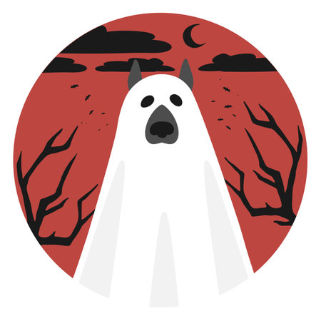Ghost dog on a round scary red background. Dog in a ghost sheet. Vector illustrationのイラスト素材