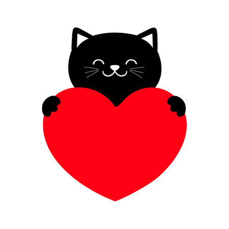 Cartoon black cat holding a heart. Isolated on white background. Cute template for love card or Valentines Day greeting. Vector illustrationのイラスト素材